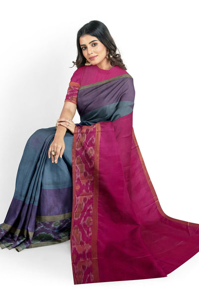 Bluish Gray silk cotton saree with purple Pochampally border - Mystic Dhaaga