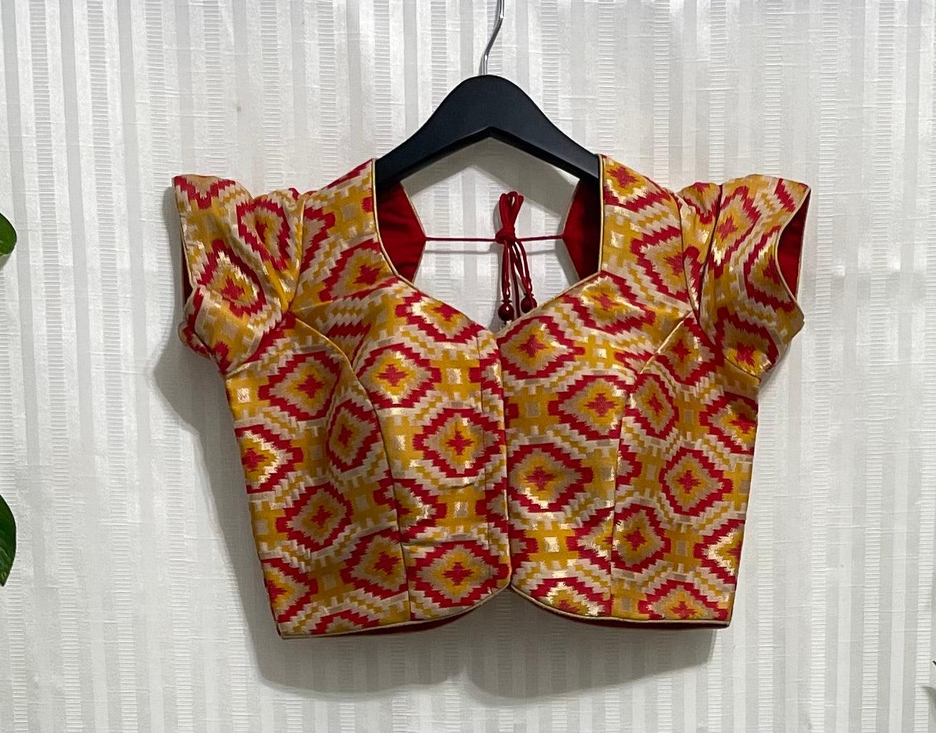 Cap Sleeve red yellow brocade blouse - Mystic Dhaaga