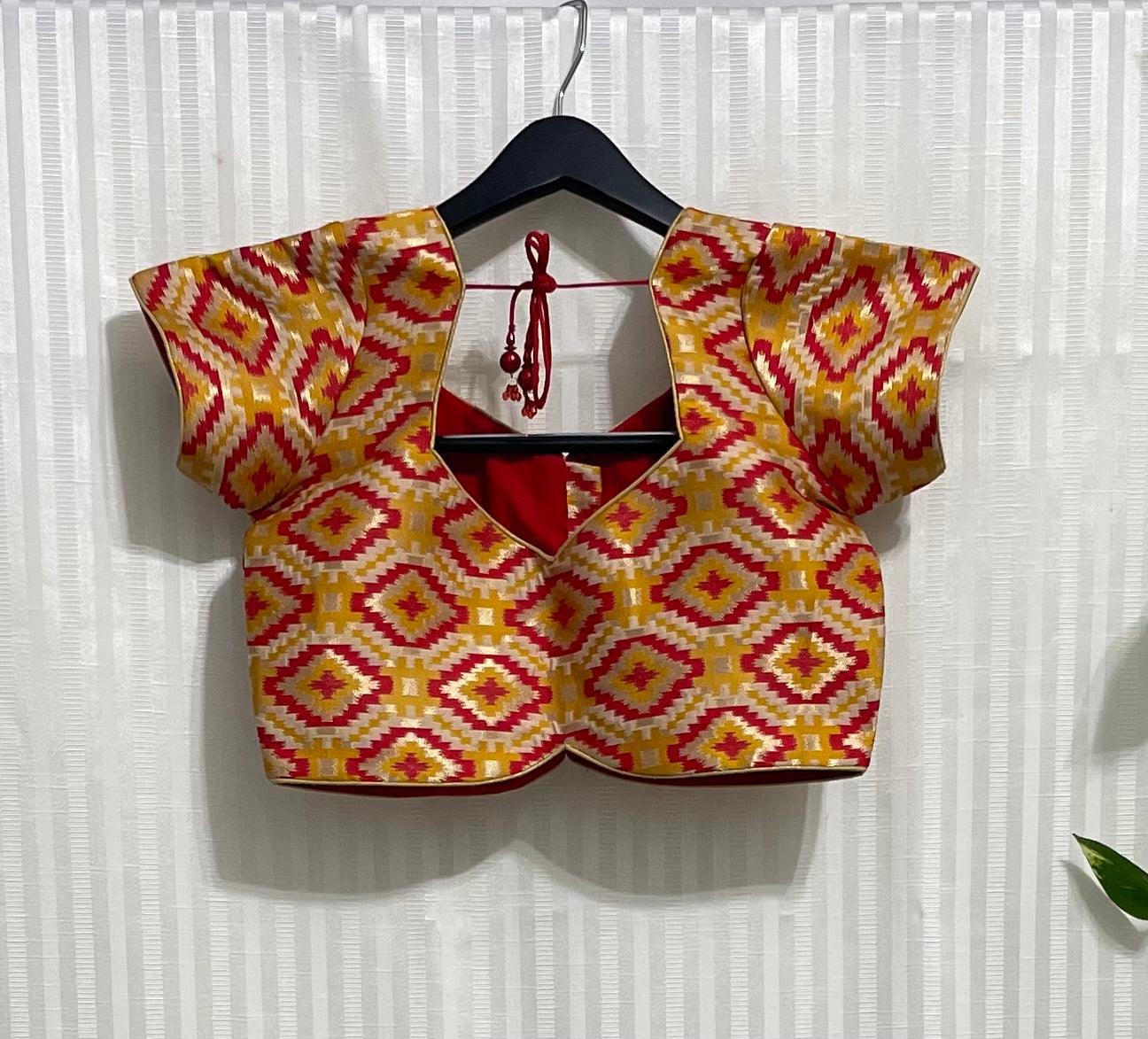 Cap Sleeve red yellow brocade blouse - Mystic Dhaaga