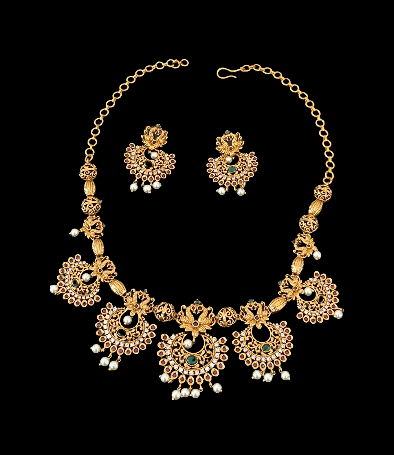 Chand Bali stone necklace set with pearl drops - Mystic Dhaaga