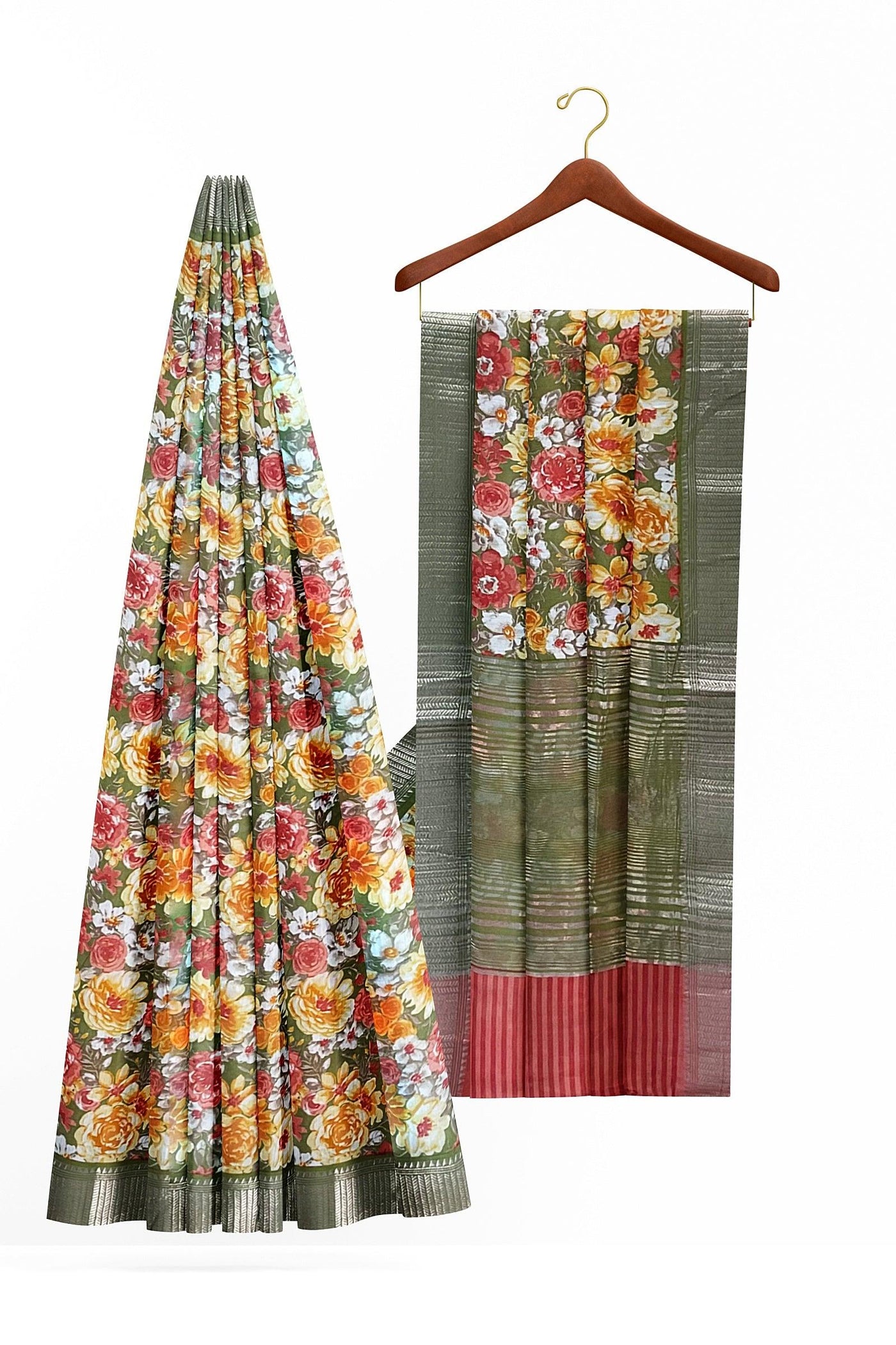 Floral green Chanderi cotton saree - Mystic Dhaaga