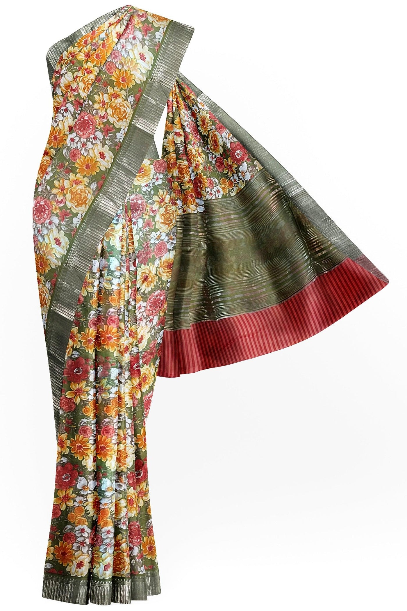 Floral green Chanderi cotton saree - Mystic Dhaaga