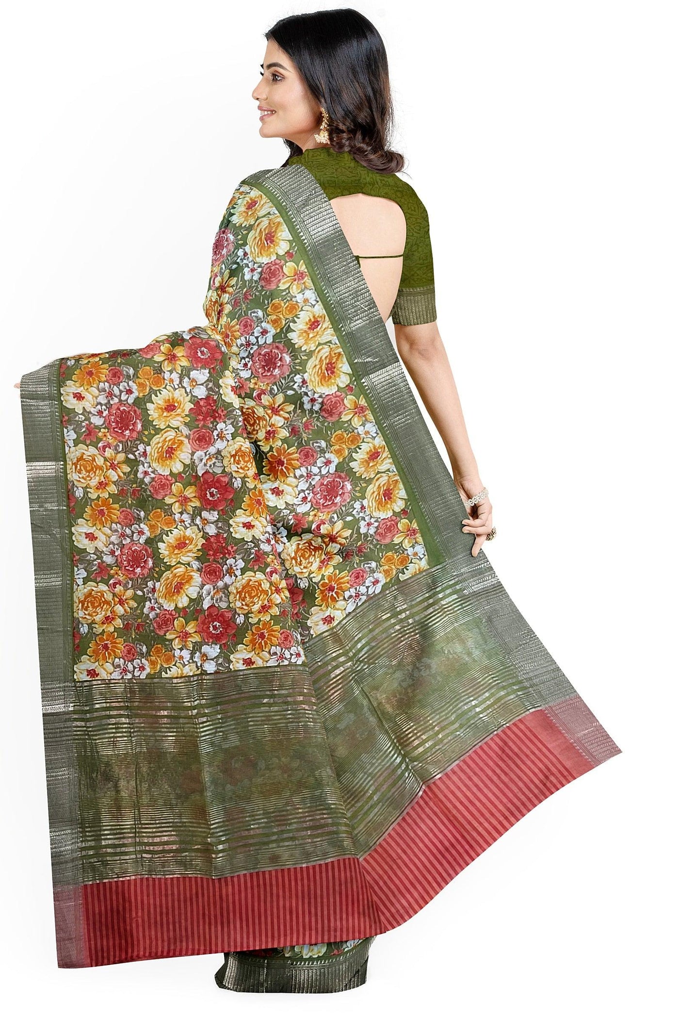 Floral green Chanderi cotton saree - Mystic Dhaaga