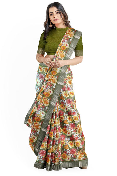 Floral green Chanderi cotton saree - Mystic Dhaaga