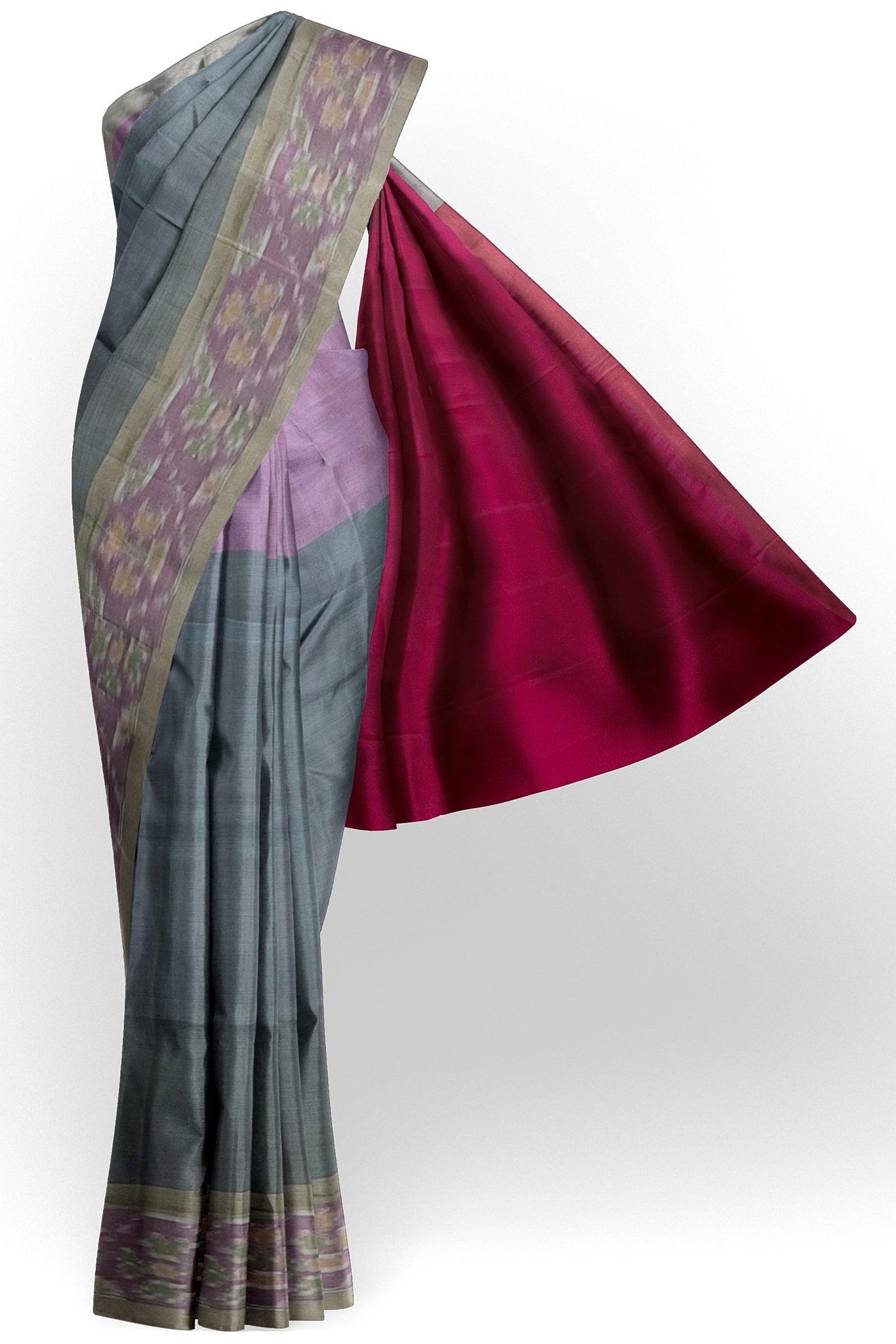 Gray Silk cotton Saree with purple Pochampally border - Mystic Dhaaga