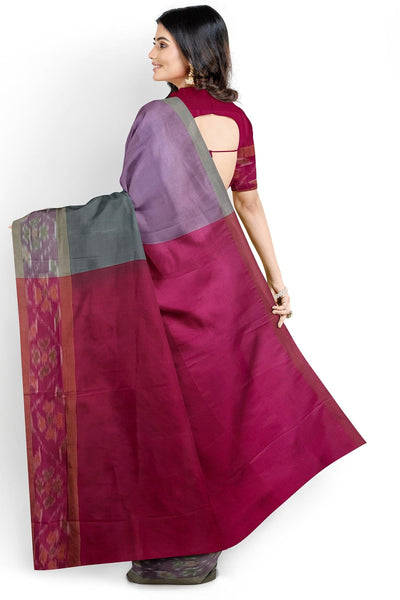 Gray Silk cotton Saree with purple Pochampally border - Mystic Dhaaga