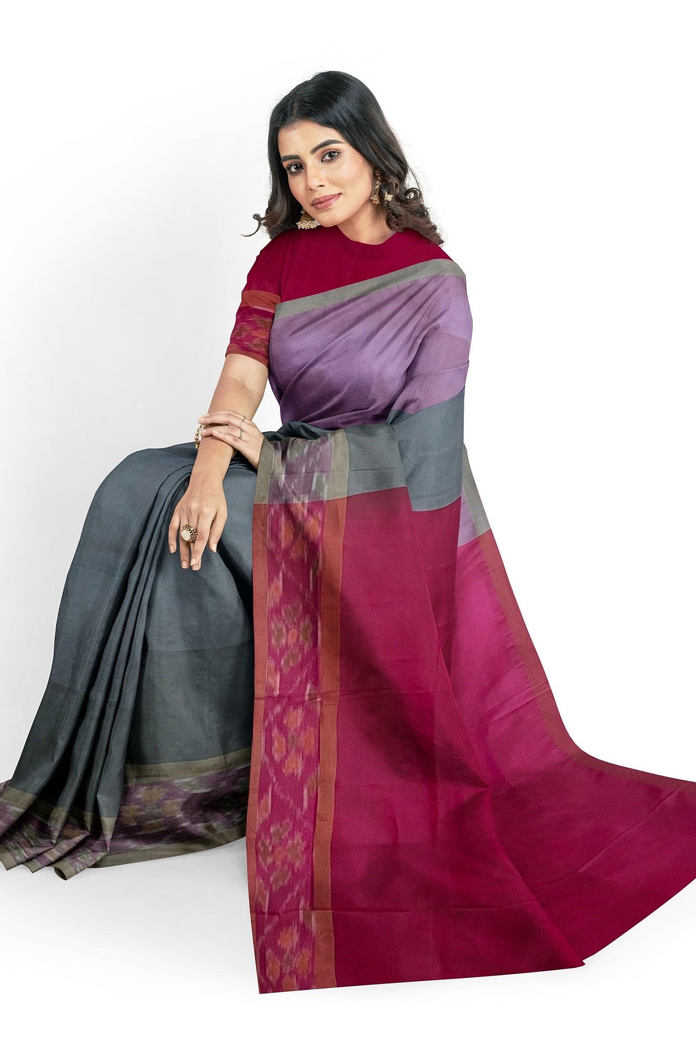 Gray Silk cotton Saree with purple Pochampally border - Mystic Dhaaga