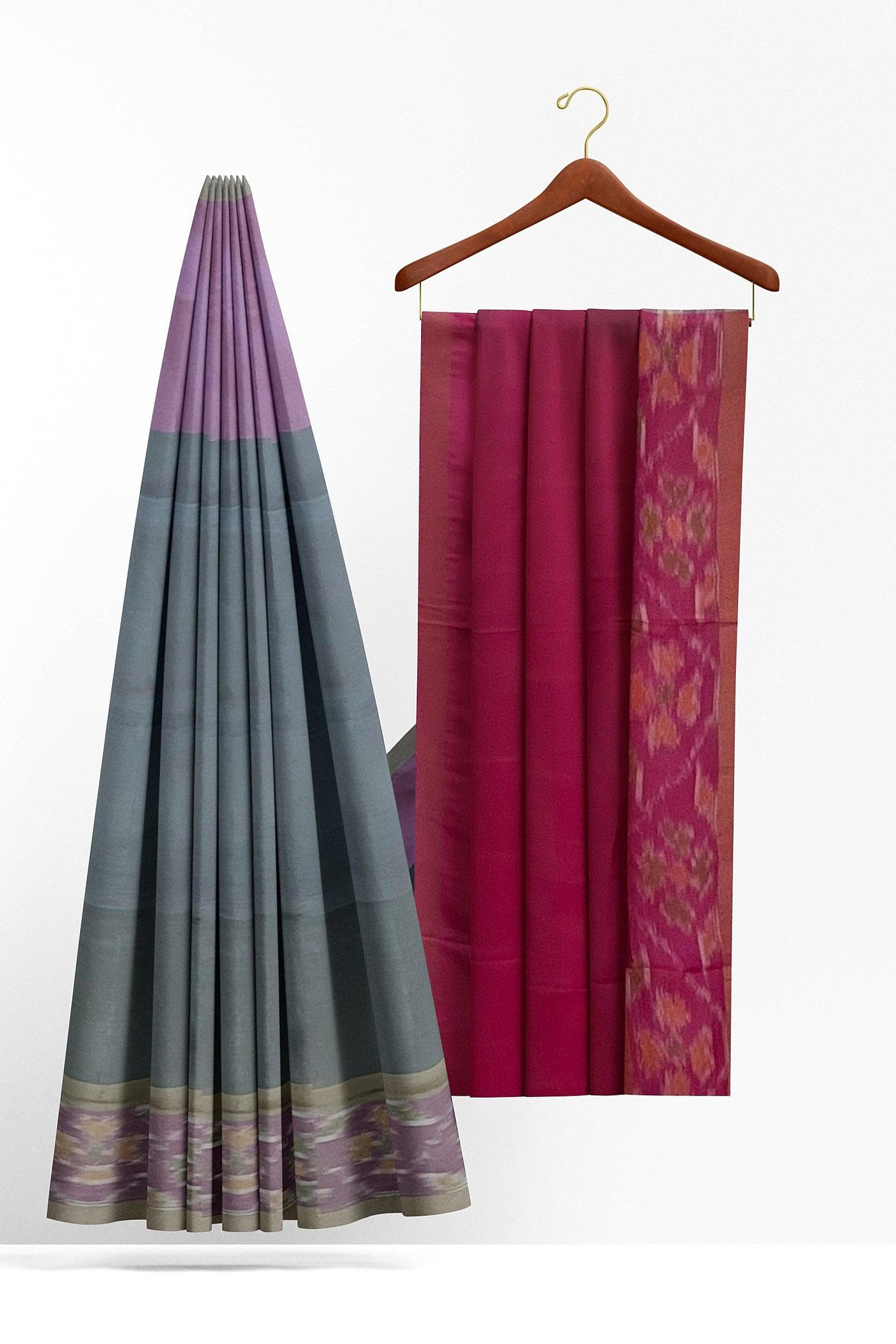 Gray Silk cotton Saree with purple Pochampally border - Mystic Dhaaga