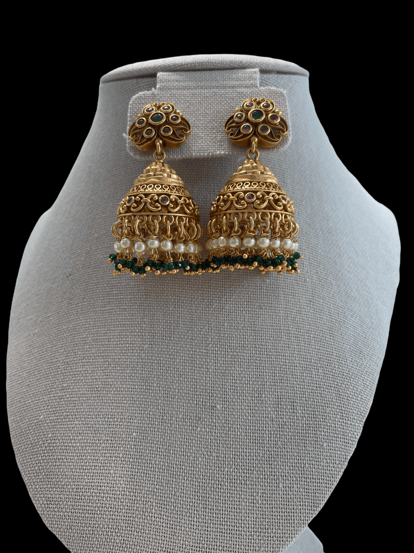 Jhumka with pearls and green beads - Mystic Dhaaga