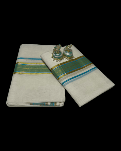 Kerala Kasavu Set Mundu with blue green silver and gold border - Mystic Dhaaga