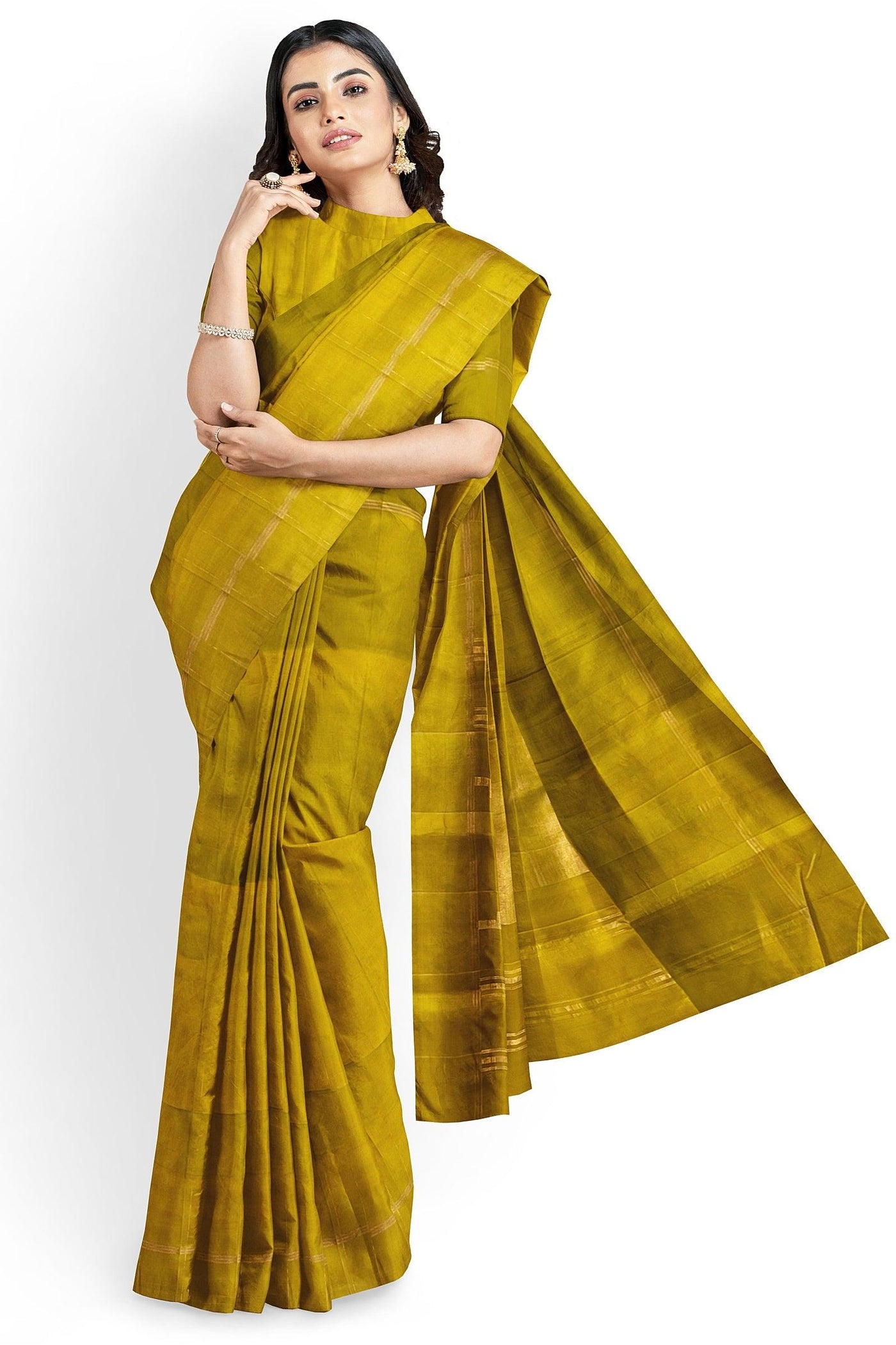 Mustard single color soft silk saree - Mystic Dhaaga