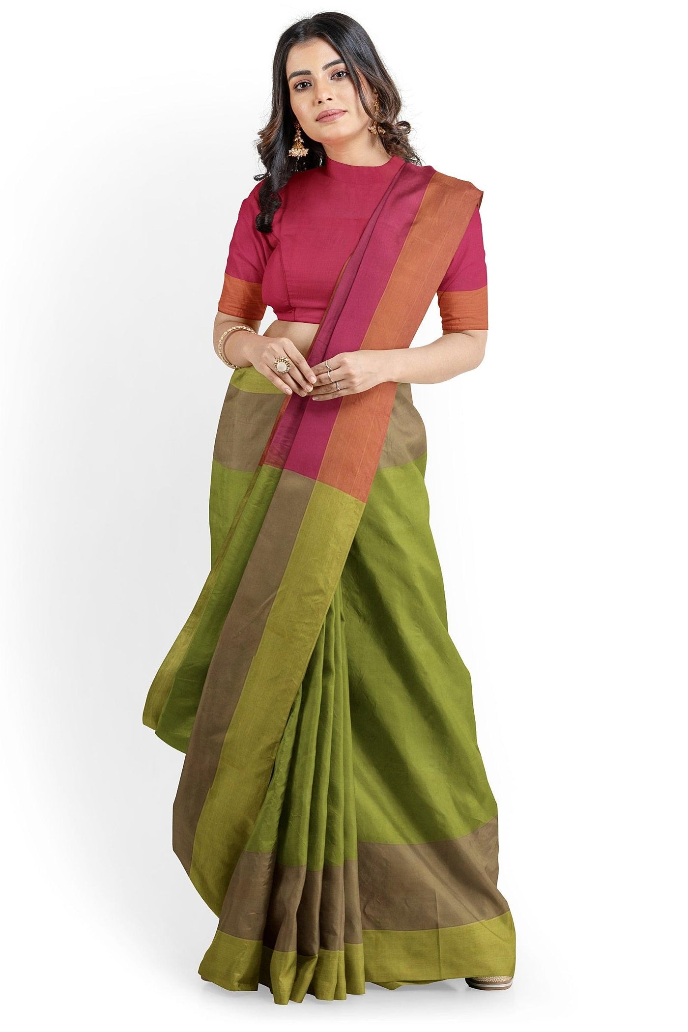 Olive Green Silk Cotton Saree with pink Pallu - Mystic Dhaaga