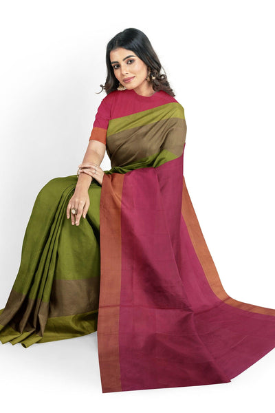 Olive Green Silk Cotton Saree with pink Pallu - Mystic Dhaaga