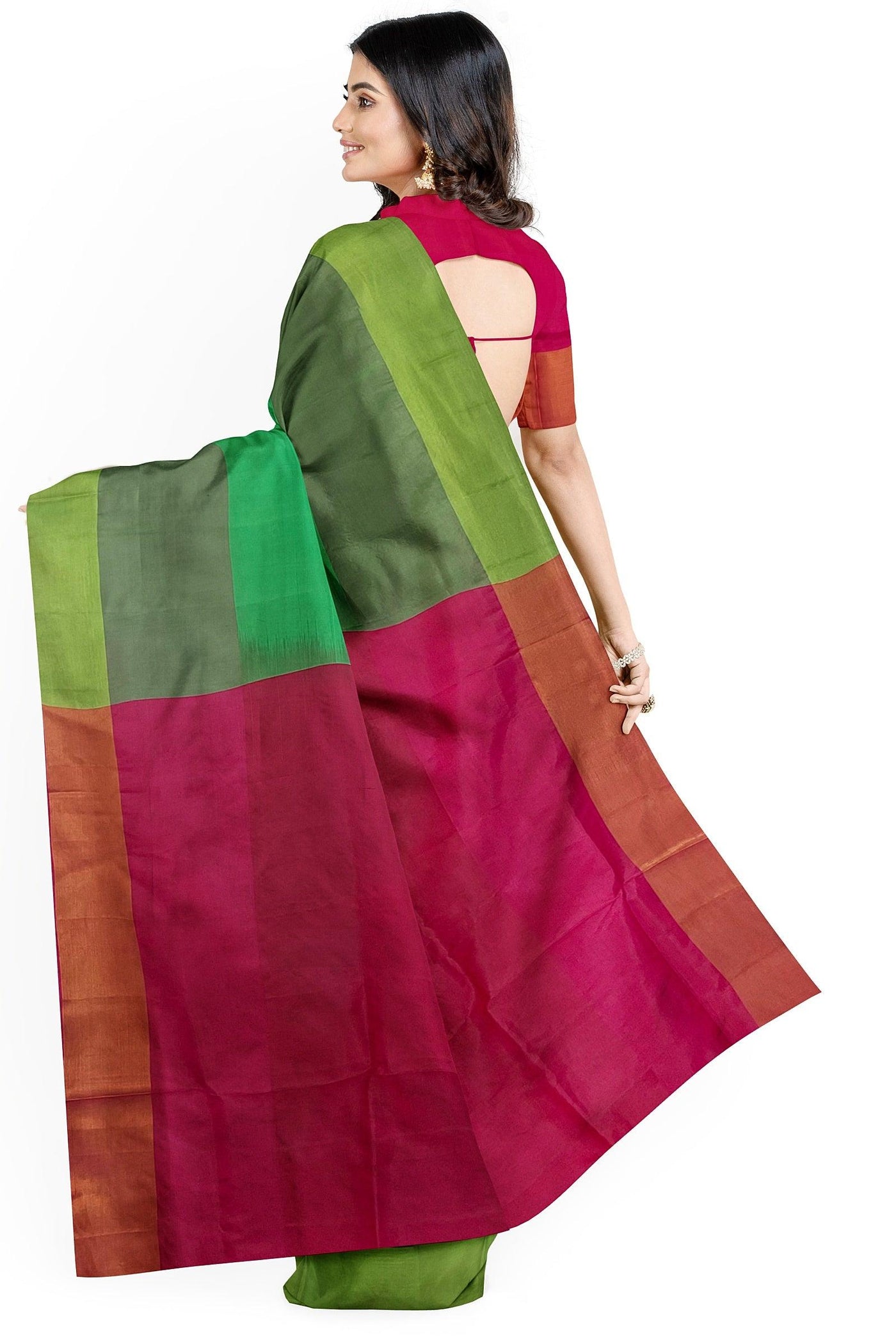 Parrot green and Rani pink Silk cotton Saree - Mystic Dhaaga