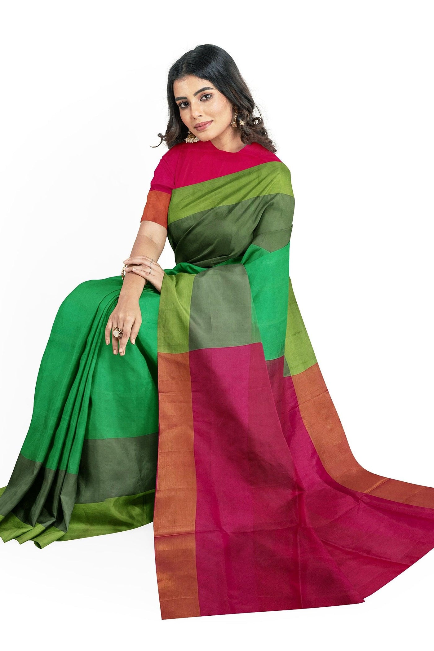 Parrot green and Rani pink Silk cotton Saree - Mystic Dhaaga