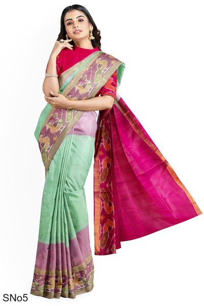 Pastel green silk cotton saree with Pochampally border - Mystic Dhaaga