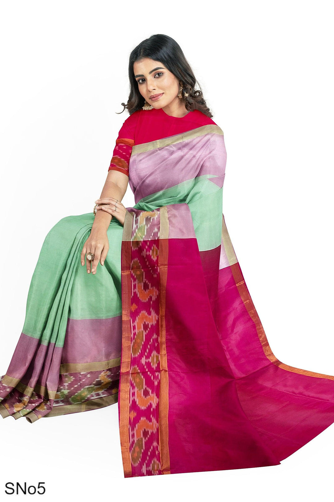 Pastel green silk cotton saree with Pochampally border - Mystic Dhaaga