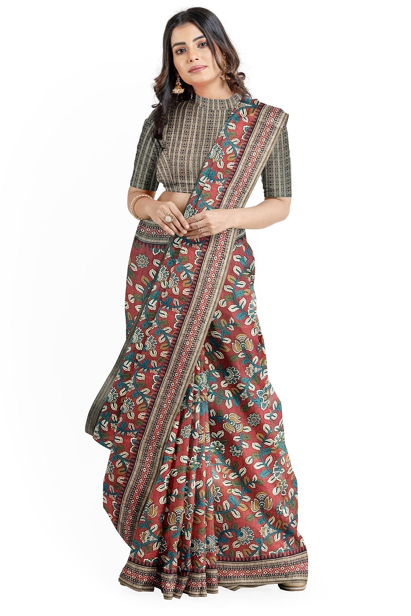 Rust Floral Semi Tussar Silk Saree - Mystic Dhaaga