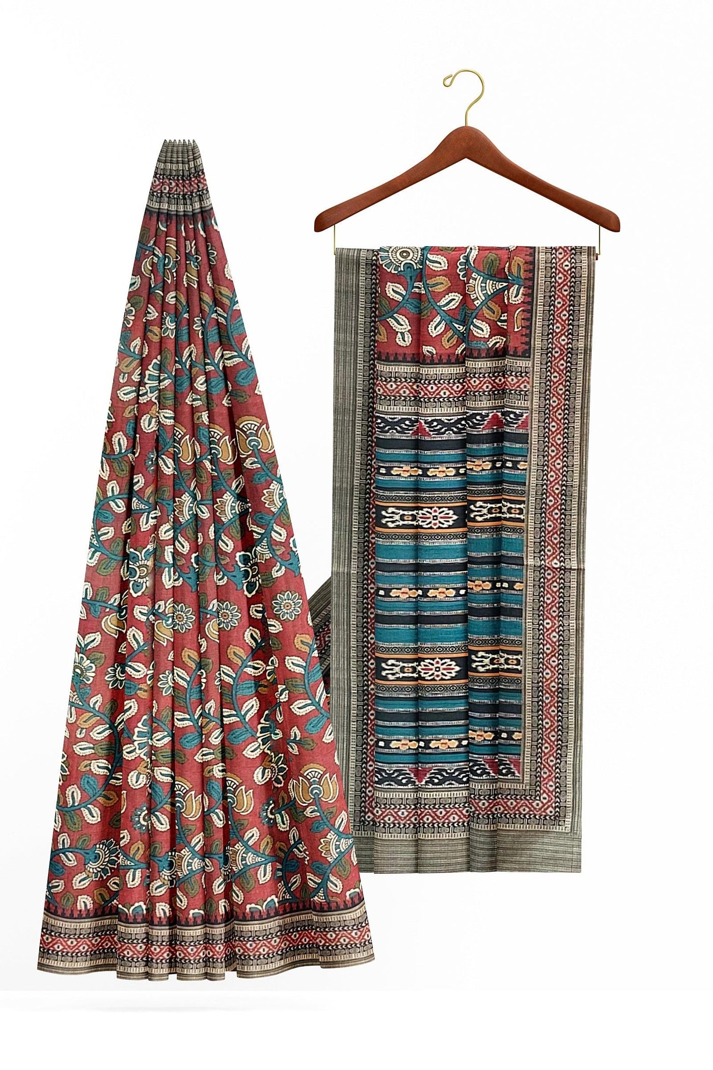 Rust Floral Semi Tussar Silk Saree - Mystic Dhaaga