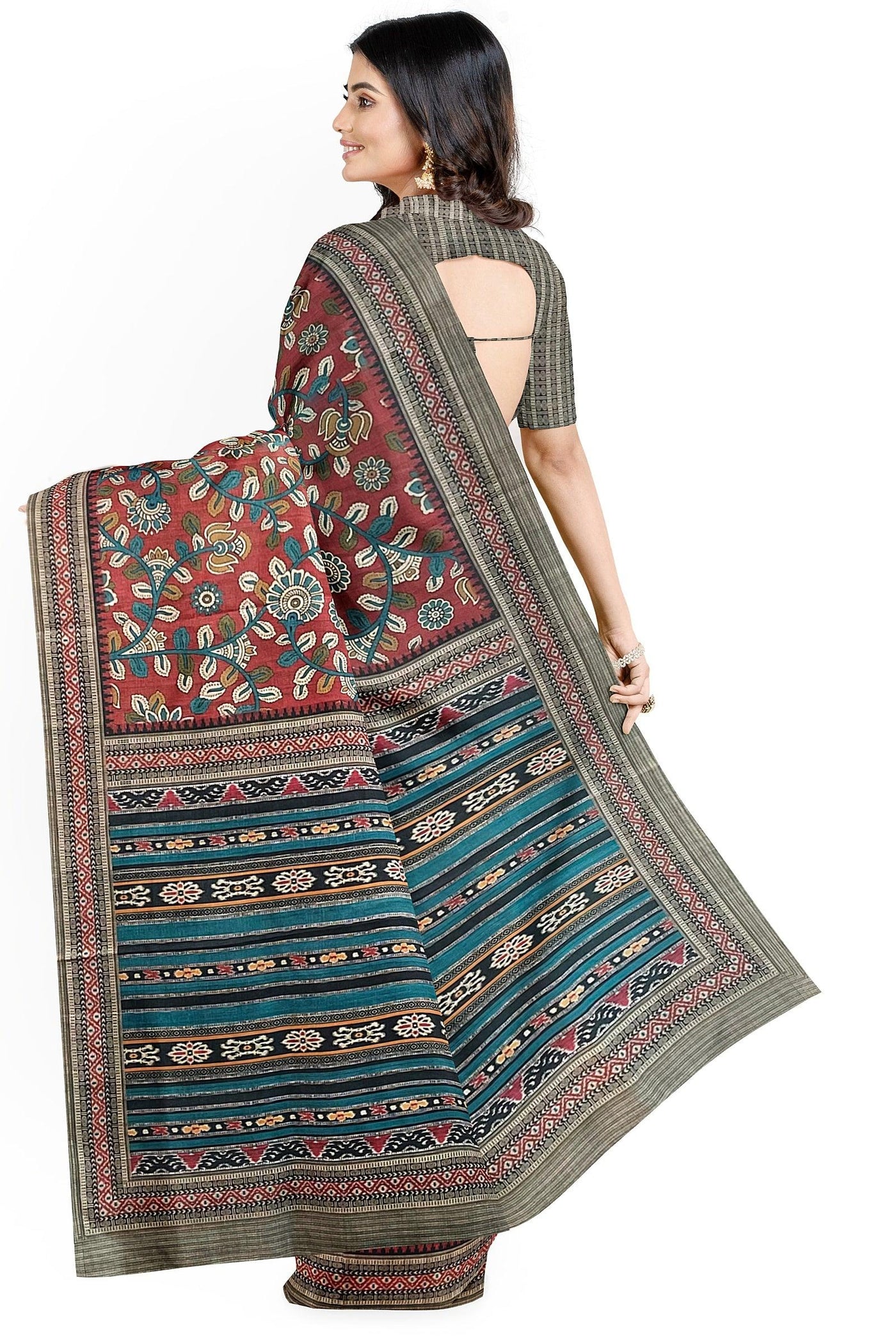 Brown semi-tussar silk sarees feature intricate designs on its body,  contrast plain border & pallu with tassels