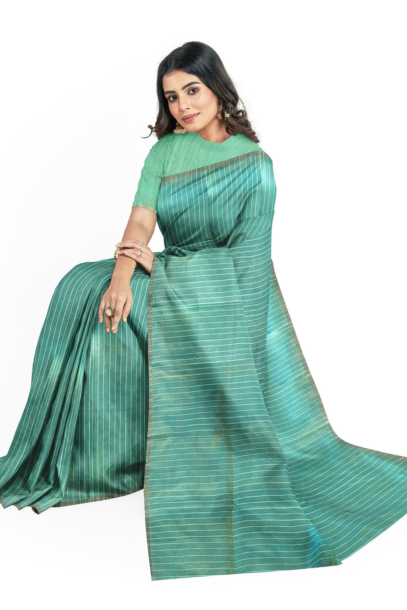 Striped Sea green Pure silk Saree - Mystic Dhaaga