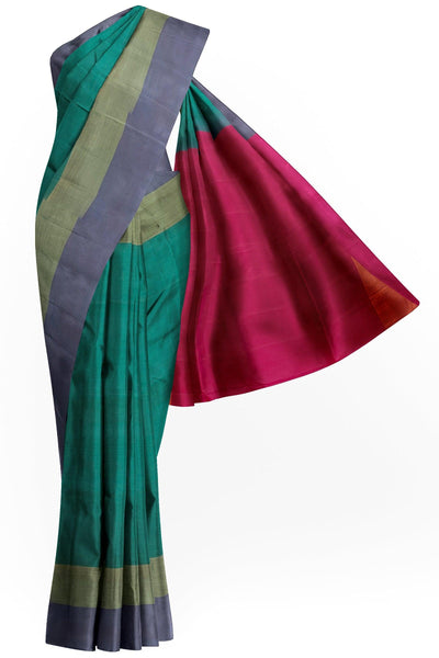 Teal green Silk cotton Saree with pink pallu - Mystic Dhaaga