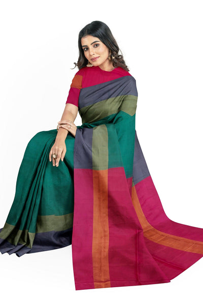 Teal green Silk cotton Saree with pink pallu - Mystic Dhaaga