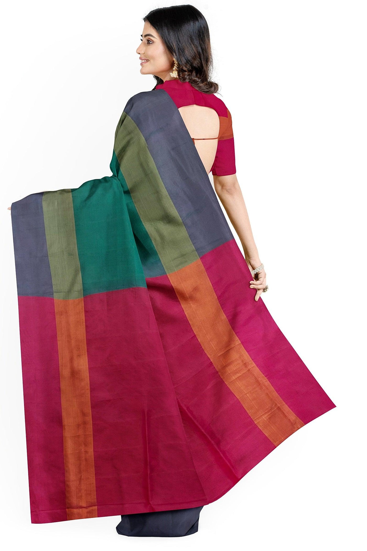 Teal green Silk cotton Saree with pink pallu - Mystic Dhaaga