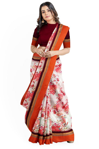 White Floral printed Kanchivaram silk Saree - Mystic Dhaaga