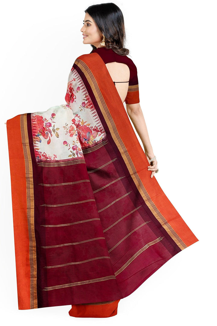 White Floral printed Kanchivaram silk Saree - Mystic Dhaaga