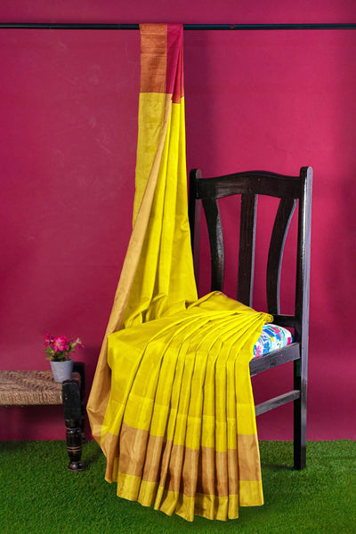 Yellow and pink silk cotton saree - Mystic Dhaaga