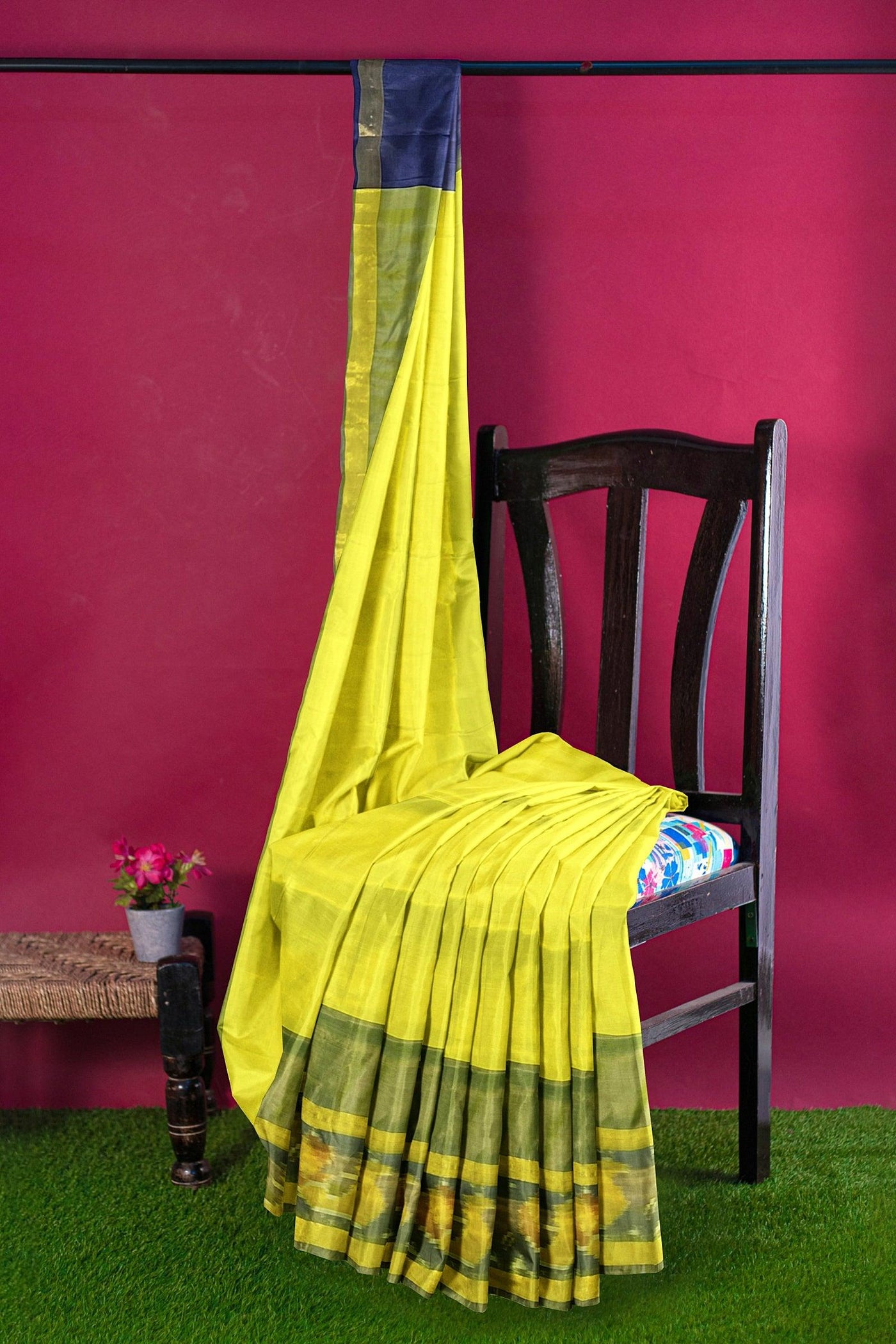 Yellow and Violet Silk cotton with Pochampally border - Mystic Dhaaga