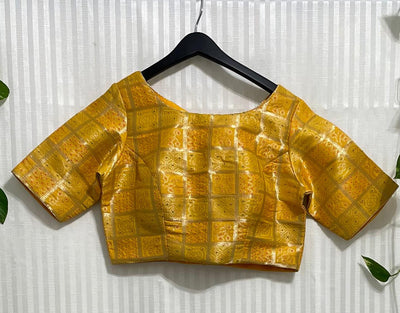 Yellow Boat neck brocade blouse - Mystic Dhaaga