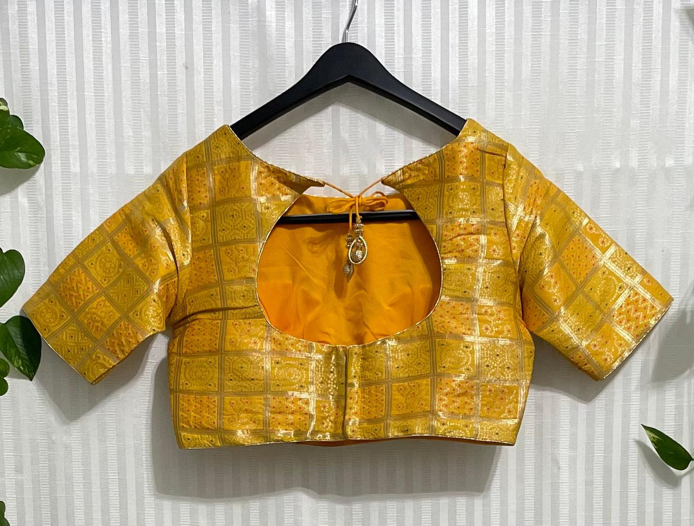 Yellow Boat neck brocade blouse - Mystic Dhaaga